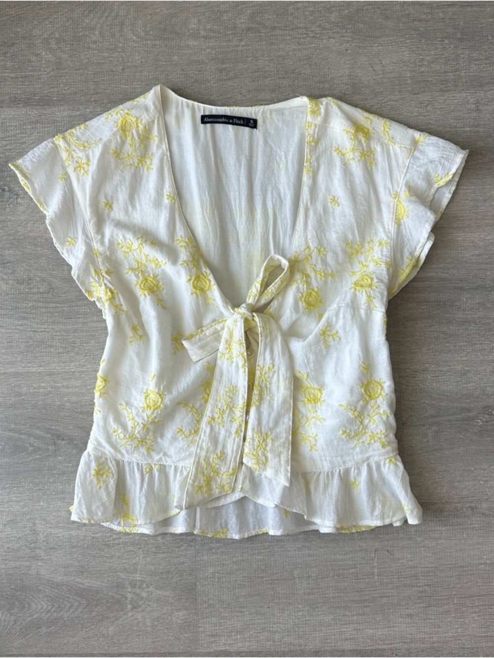 Abercrombie & Fitch White Tie-Front Floral Top with Yellow Embroidery boho